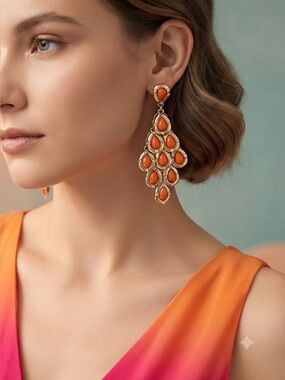 Orange Stone Petal Cascade Chandelier Earrings Gold Tone